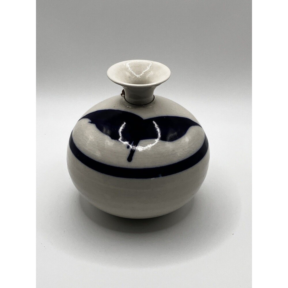 Vintage Roger Butler White  W/Cobalt Blue Feather Design Pottery Vessel/Vase